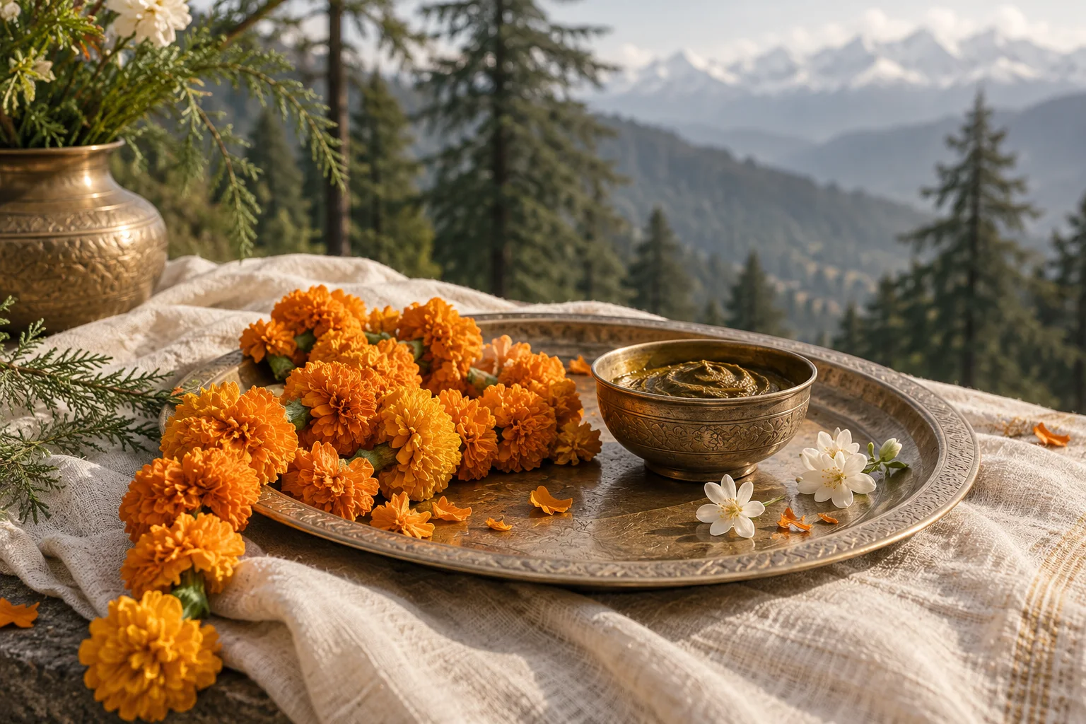 Marigolds, henna, and antique brass on ivory linen