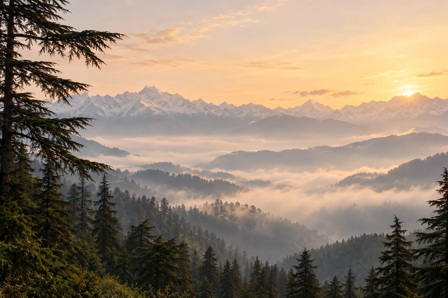 Morning light across forested Himalayan mountain ridges
